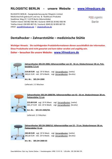 Zahnarzthocker - Dentalhocker - medizinische ... - Rilogistic Berlin