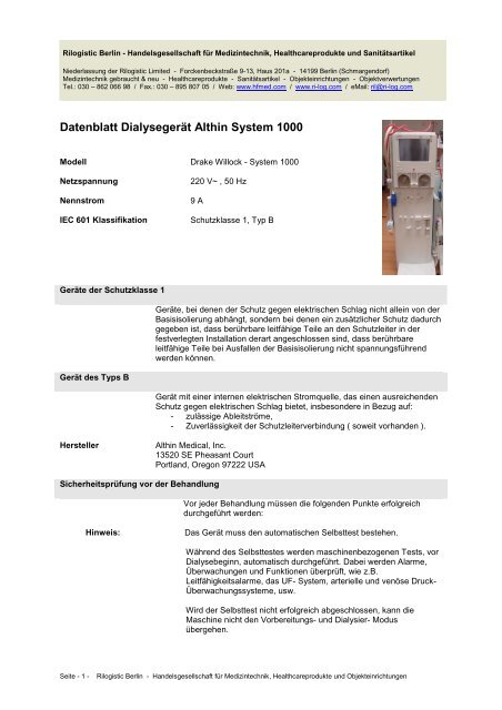 Datenblatt DialysegerÃ¤t Althin System 1000 - Rilogistic Berlin