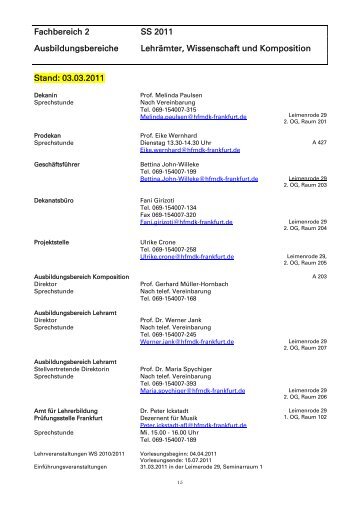 Fachbereich 2 SS 2011 Ausbildungsbereiche ... - HfMDK Frankfurt