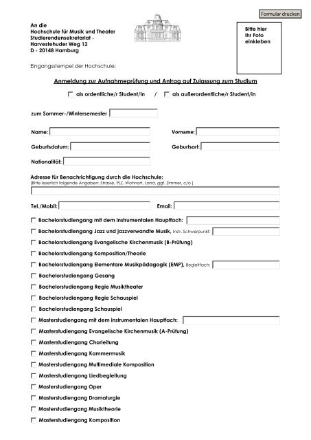 Anmeldung Zur Aufnahmeprufung Und Antrag Auf Zulassung Zum