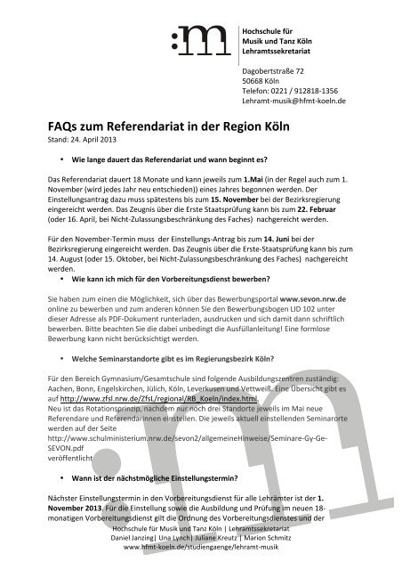 FAQs zum Referendariat - Hochschule fÃ¼r Musik und Tanz KÃ¶ln