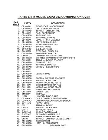 PARTS LIST: MODEL CAPO-303 COMBINATION OVEN