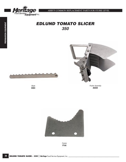 ARBY'S Common Replacement Parts For Store Level