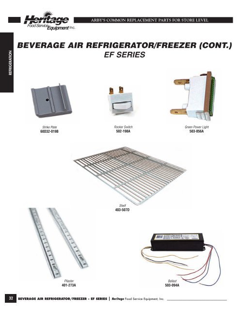 ARBY'S Common Replacement Parts For Store Level