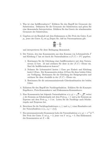 Übungsbeispiele für Theorie des Haushaltes (Nutzentheorie) - ECON