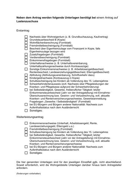 Antragsunterlagen/Wohngeld