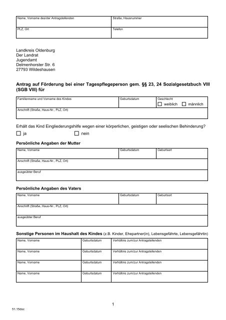 Antrag auf Förderung bei einer Kindertagespflegeperson