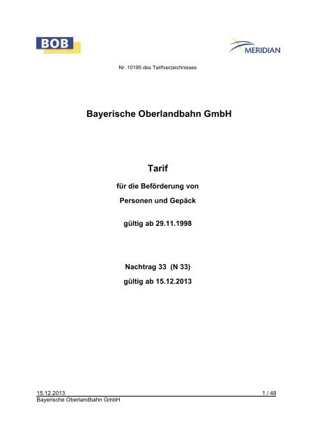 Tarifbestimmungen Bob Gultig Ab 15 12 2013 Bayerische