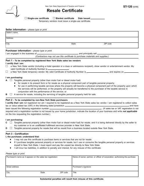 Form ST-120: June 1999, Resale Certificate, ST120 - NetSuite