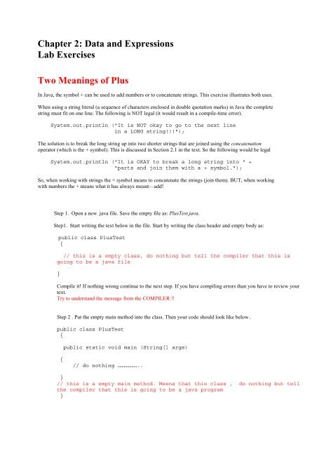 Chapter 2: Data and Expressions Lab Exercises Two Meanings of Plus