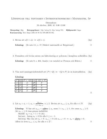 LÃ¶sningar till tentamen i Introduktionskurs i Matematik, 5p