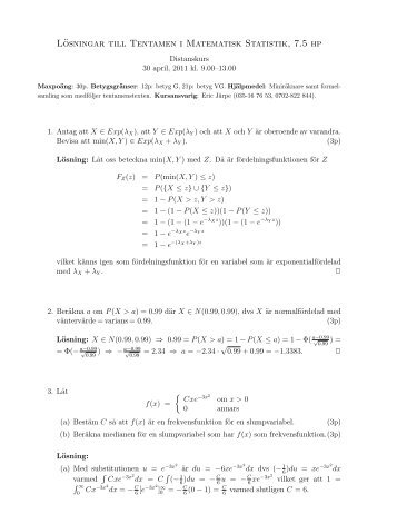 LÃ¶sningar till Tentamen i Matematisk Statistik, 7.5 hp