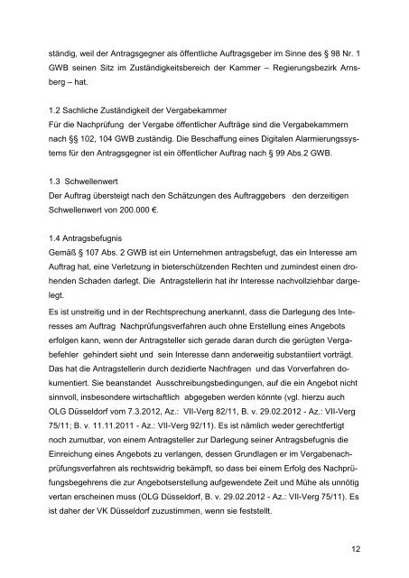 Die Vergabekammer bei der Bezirksregierung Arnsberg Beschluss ...