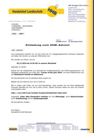 Einladung zum HHB-Advent - Handelshof Landtechnik GmbH