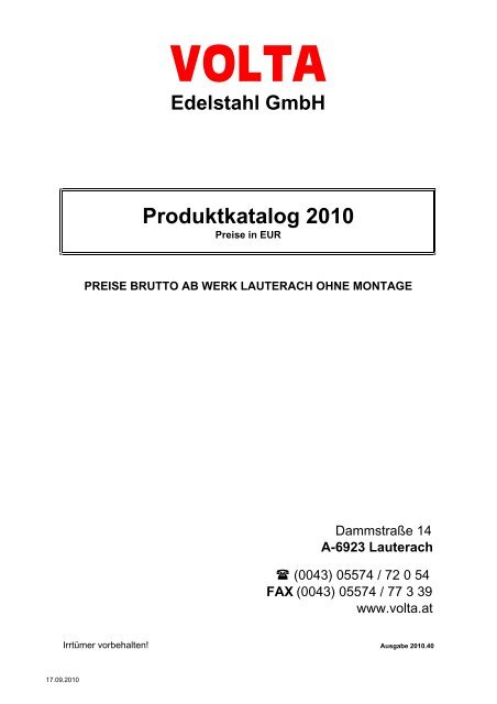 Volta Produktkatalog 2010.40 brutto ohne Mwst