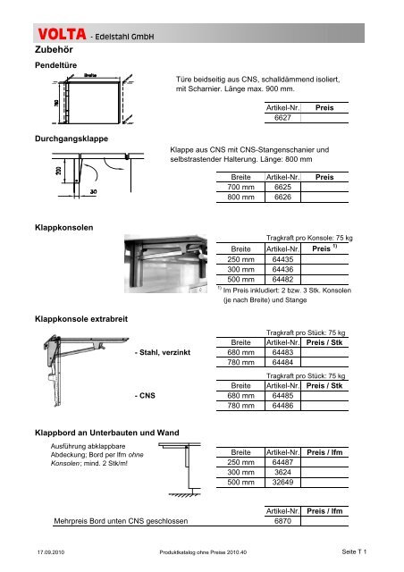 Volta Produktkatalog 2010.40 brutto ohne Mwst