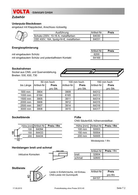 Volta Produktkatalog 2010.40 brutto ohne Mwst