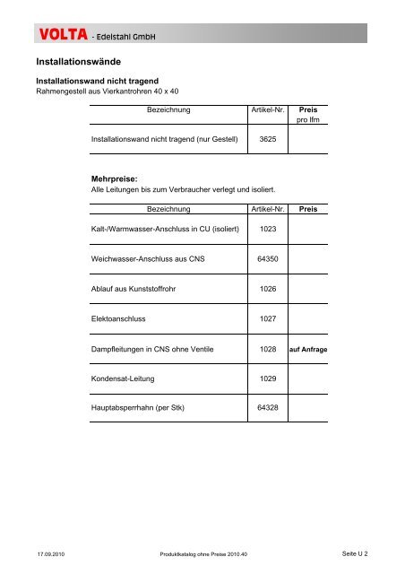 Volta Produktkatalog 2010.40 brutto ohne Mwst