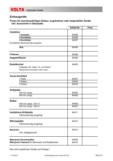 Volta Produktkatalog 2010.40 brutto ohne Mwst