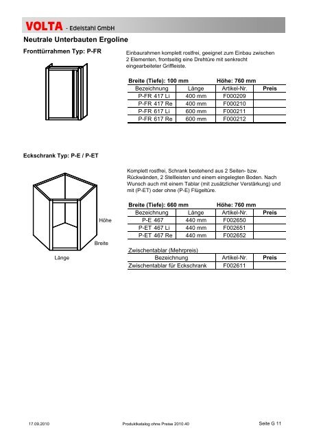 Volta Produktkatalog 2010.40 brutto ohne Mwst