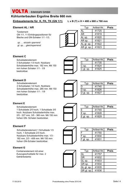 Volta Produktkatalog 2010.40 brutto ohne Mwst