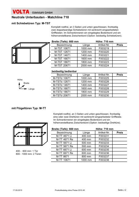 Volta Produktkatalog 2010.40 brutto ohne Mwst