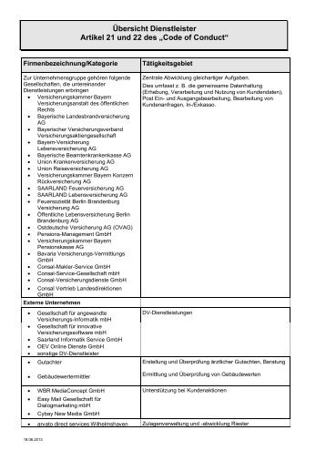 Dienstleisterliste der sonstigen Versicherungen nach Art. 21 und 22 ...