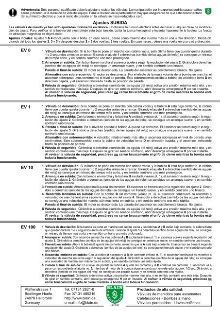 EV 1 EV 10 EV 100 EV Ajustes SUBIDA - blain hydraulics Gmbh