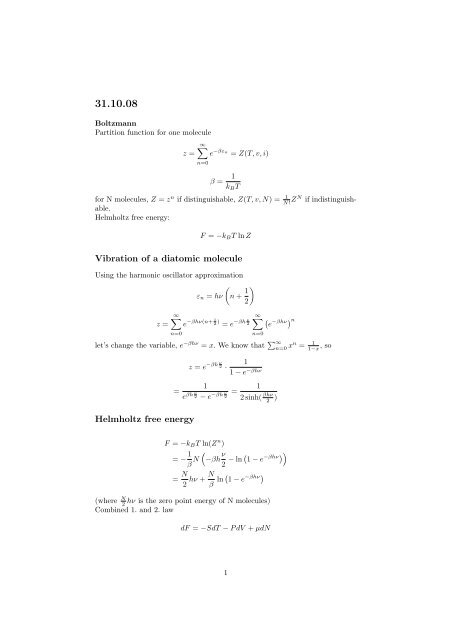 Vibration of a diatomic molecule Helmholtz free energy