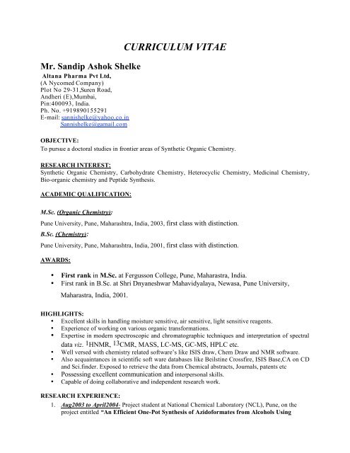 CURRICULUM VITAE Mr. Sandip Ashok Shelke