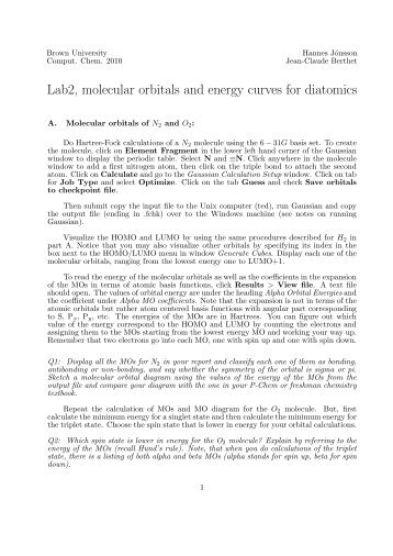 Lab2, molecular orbitals and energy curves for diatomics