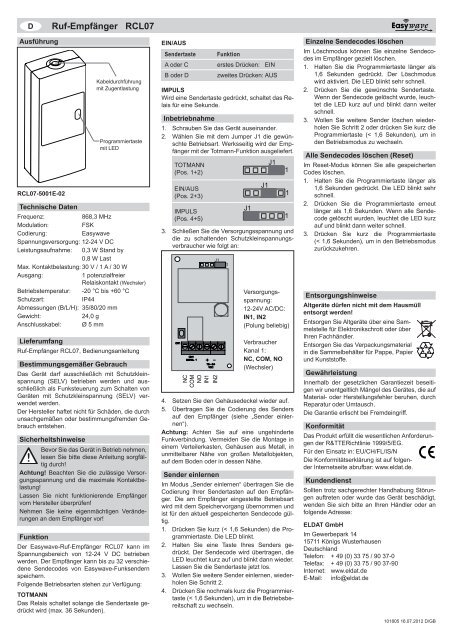 Bedienungsanleitung Eldat Easywave RCL07 ... - Hidrex-reha.de