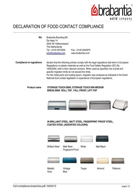 DECLARATION OF FOOD CONTACT COMPLIANCE - Brabantia