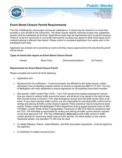 Event Street Closure Permit Requirements - City of Bellingham