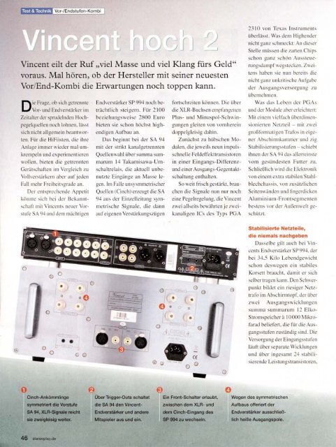 Vincent Sa 94 Sp 994 Test Magazanu Stereoplay Hifi On Line