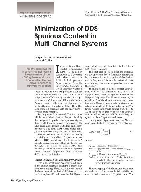 Minimization of DDS Spurious Content in Multi-Channel Systems