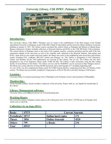 University Library, CSK HPKV, Palampur (HP) - CSK Himachal ...