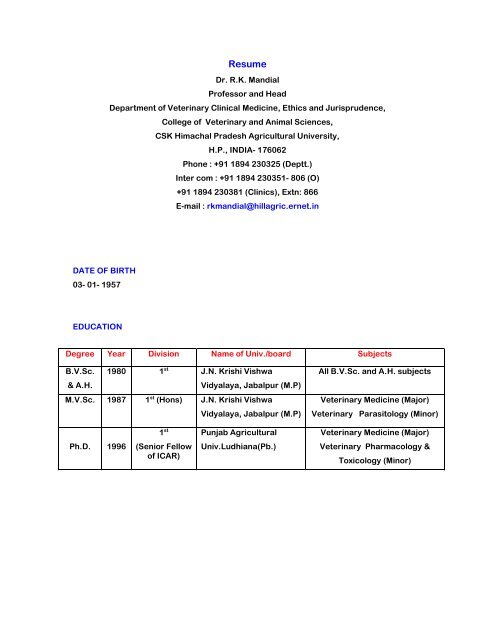 Curriculum Vitae - CSK Himachal Pradesh Agricultural University