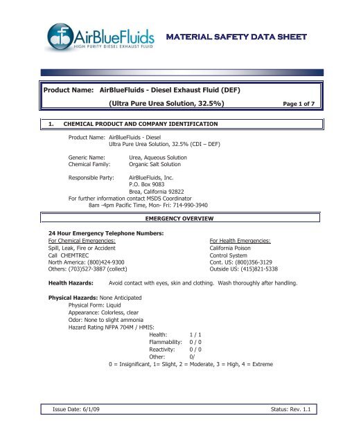 Msds Cdi Abf Diesel Exhaust Fluid Hill Brothers Chemical Co