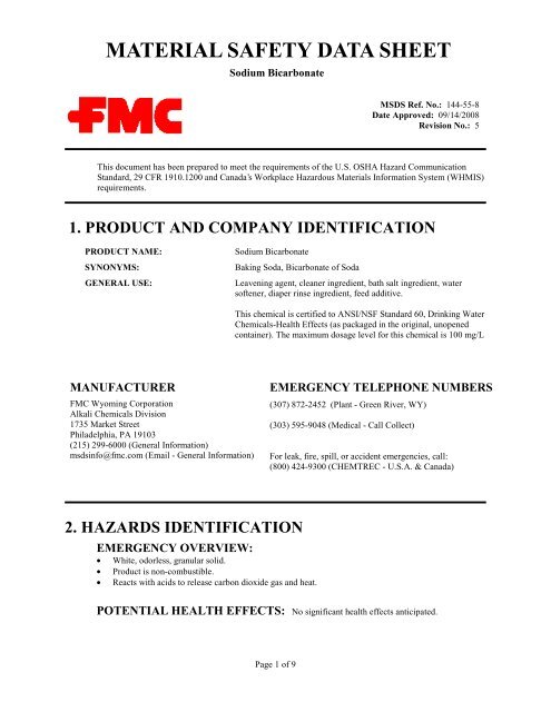 MSDS - Sodium Bicarbonate - Hill Brothers Chemical Co.