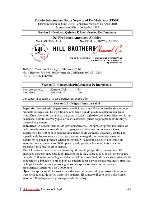 Del Producto: Amoniaco Anhidro - Hill Brothers Chemical Co.