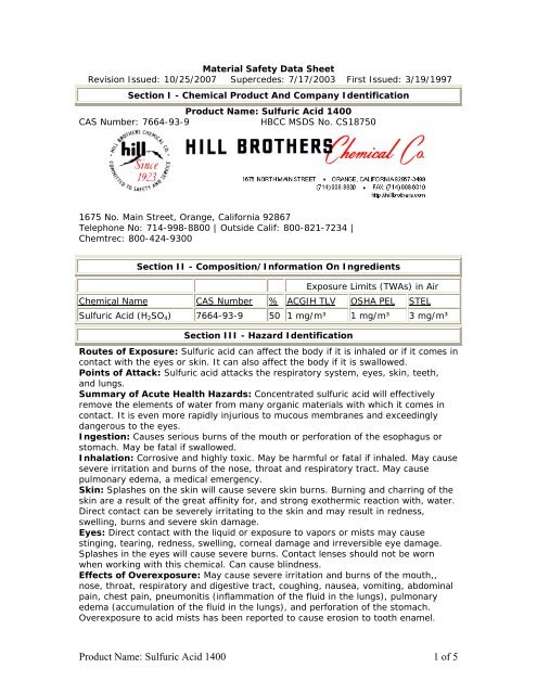 sulfuric acid 1400 1 of 5 - Hill Brothers Chemical Co.