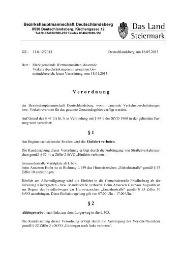 V e r o r d n u n g § 1 § 2 - Bezirkshauptmannschaft Deutschlandsberg