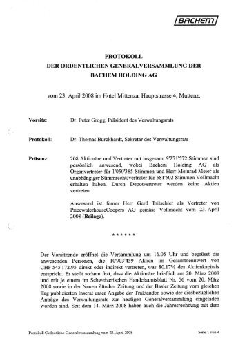 Protokoll der ordentlichen Generalversammlung der Bachem ...