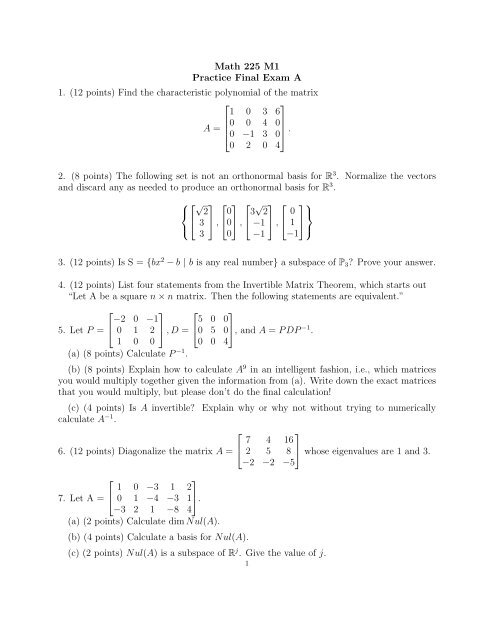 Math 225 M1 Practice Final Exam A 1 12 Points Find The Math 225 M1 Practice Final Exam A 1 12 Points Find The