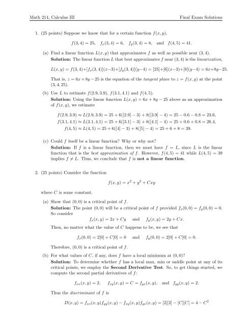 Math 214, Calculus III Final Exam Solutions 1. (25 points) Suppose ...