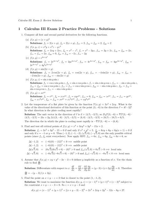 1 Calculus III Exam 2 Practice Problems - Solutions