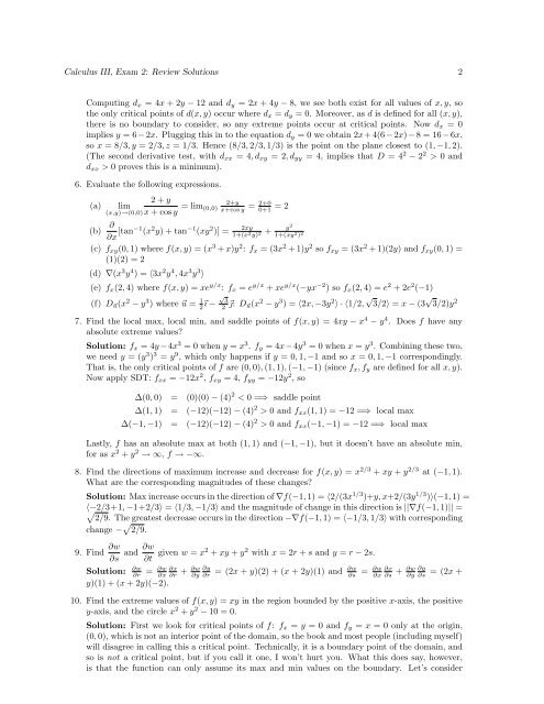 1 Calculus III Exam 2 Practice Problems - Solutions