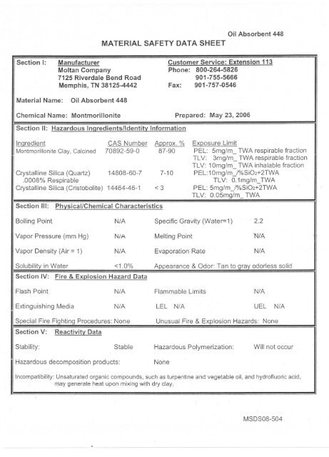 Oil Absorbent 448 MATERIAL SAFETY DATA SHEET ... - Hillyard