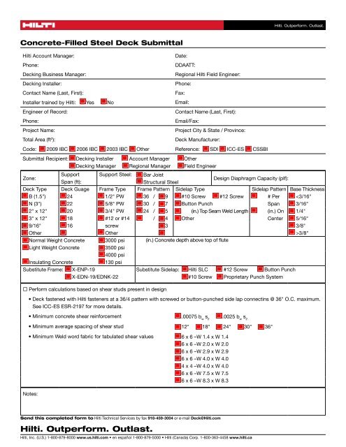 Concrete-Filled Steel Deck Submittal Form - Hilti